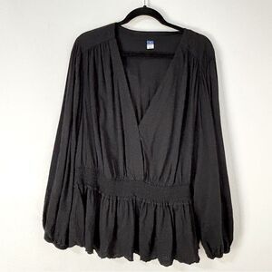 Old Navy Womens 4X Top Black Cotton Eyelet Peplum Balloon Sleeve‎ V-neck Blouse